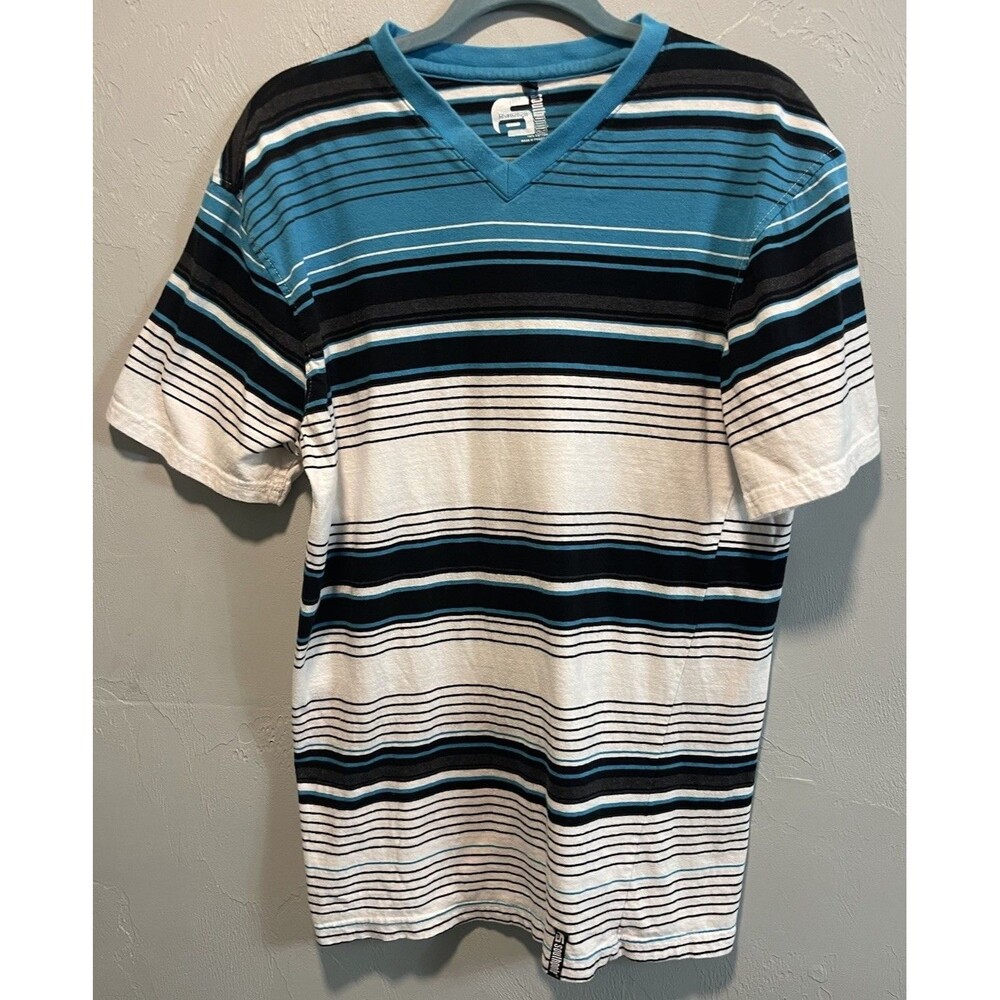 Southpole Mens XXL Y2K Striped V Neck T Shirt Blue Black White Skater Streetwear